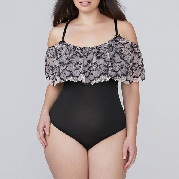 Cacique Tops - Cacique Sheer Pink Floral Lace Off The Shoulder Black Bodysuit size 26/28
